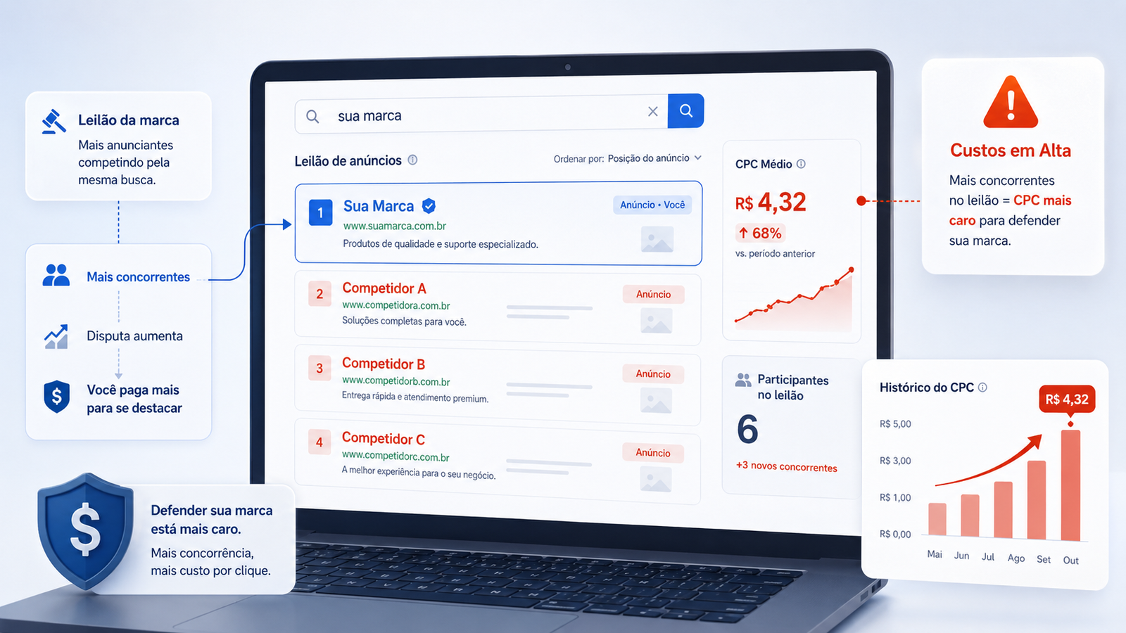 Dashboard mostrando aumento de CPC causado por concorrentes disputando palavras-chave de marca