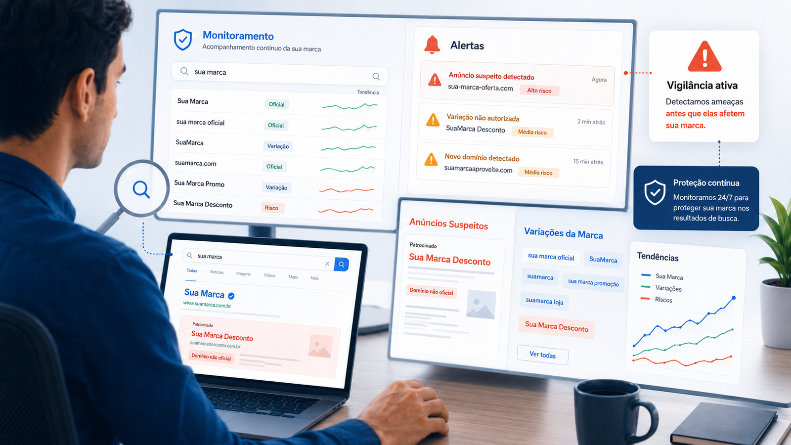 Painel de monitoramento identificando variações de marca e anúncios suspeitos no Google